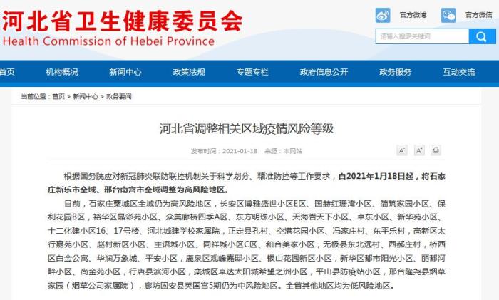 石家莊新樂市全域、邢臺南宮市全域調整為高風險地區