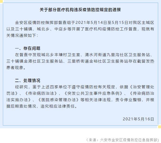 安徽六安金安區(qū):4家醫(yī)療機(jī)構(gòu)截留發(fā)熱患者,責(zé)令停業(yè)整頓