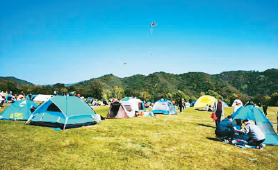 山中草坪 湖中水